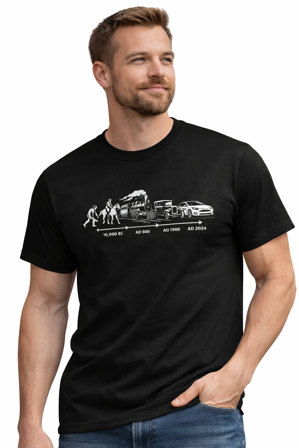 Evoluce pokračuje. Od lovce mamutů až k řidiči Tesly ⚡ Tričko pro ty, kteří chápou vývoj technologií. - Obrázek 3