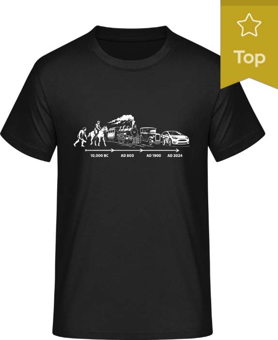 Evoluce pokračuje. Od lovce mamutů až k řidiči Tesly ⚡ Tričko pro ty, kteří chápou vývoj technologií.